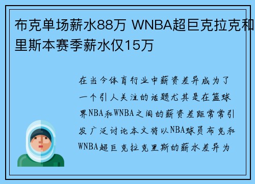 布克单场薪水88万 WNBA超巨克拉克和里斯本赛季薪水仅15万
