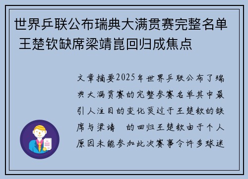 世界乒联公布瑞典大满贯赛完整名单 王楚钦缺席梁靖崑回归成焦点