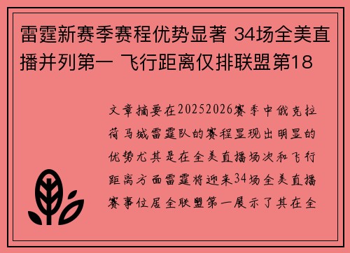 雷霆新赛季赛程优势显著 34场全美直播并列第一 飞行距离仅排联盟第18