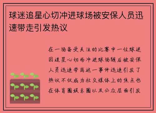 球迷追星心切冲进球场被安保人员迅速带走引发热议